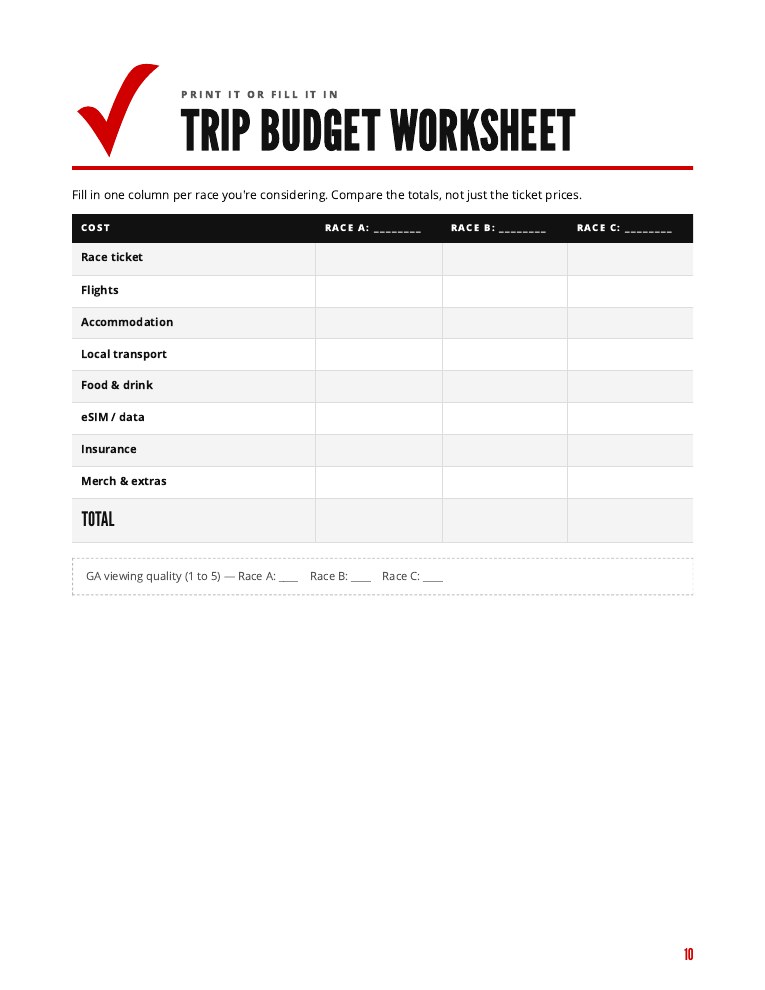 Another sample page from Budget F1 Travel & Ticket Guide